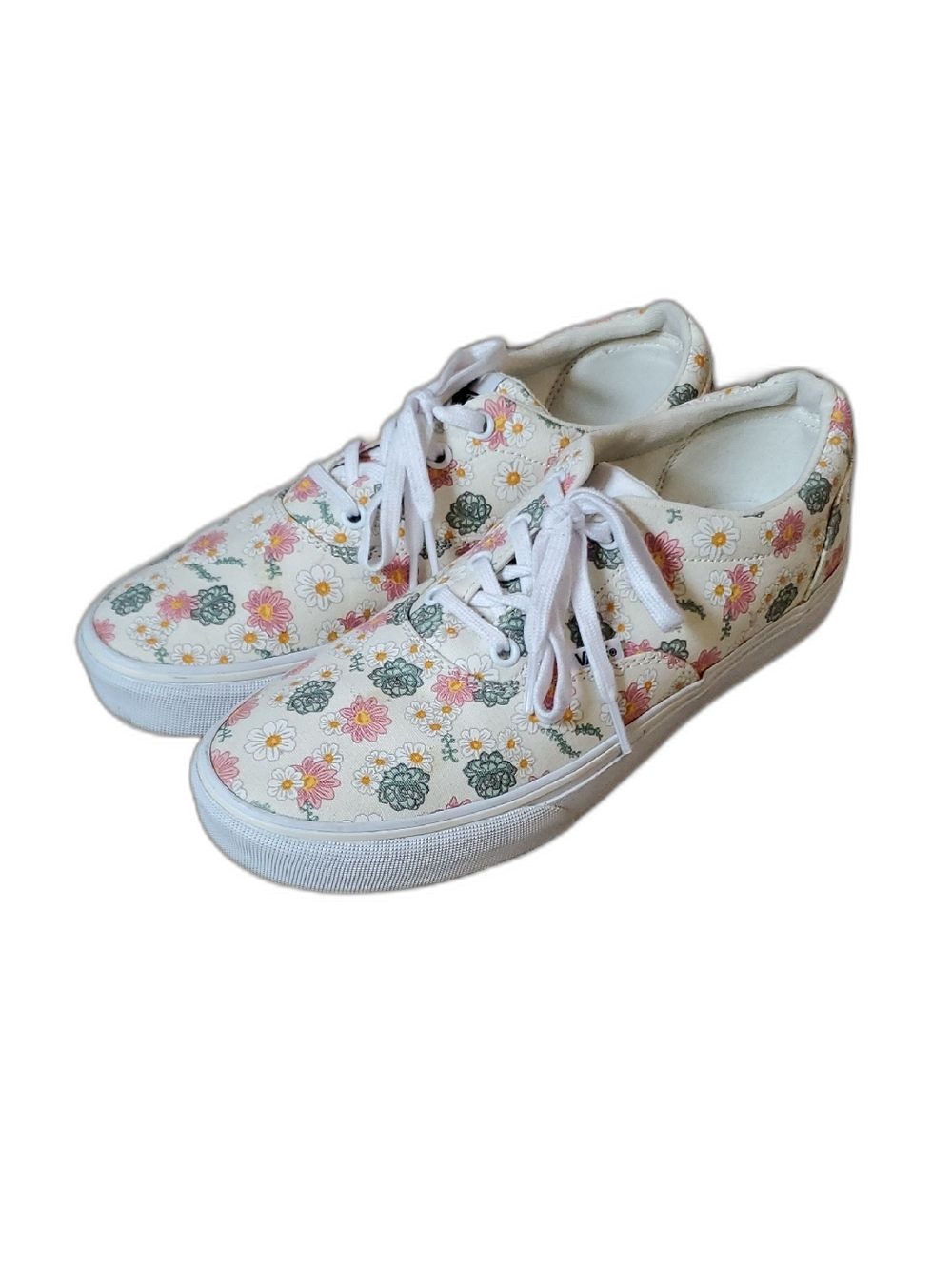Vans Floral Canvas Lace-Up Sneakers - White with Pink & Green Floral Print 10